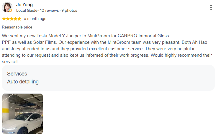 Google review from Jo Yong, five stars